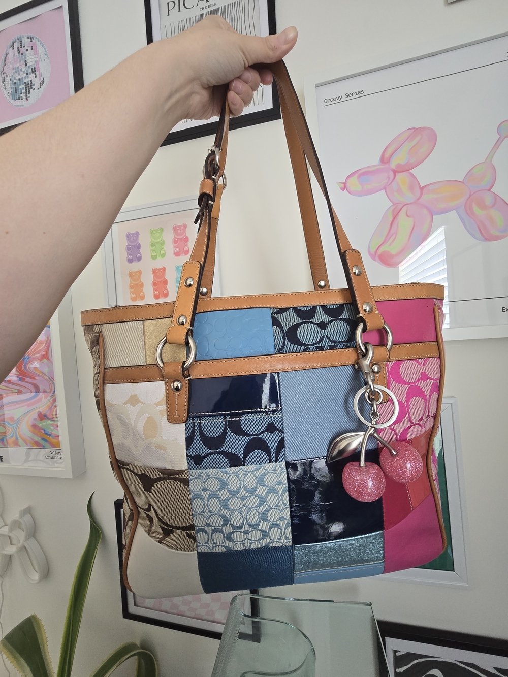 Coach Pink Patchwork Y2k Tote Bag w/Cherry Charm